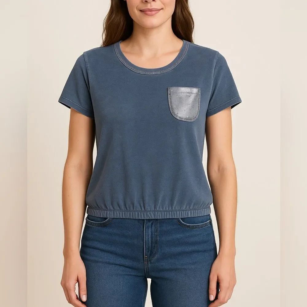 Free for Humanity Blue Asymmetrical Hem Drawstring Top Made in Italy M